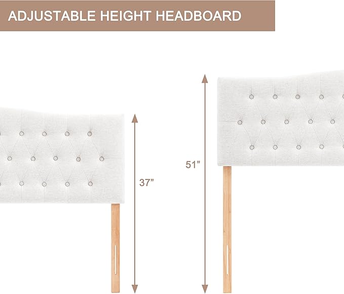 Tufted Upholstered Headboard California King, Sturdy and Durable Solid Wood Bed headboard, Fabric Headboard Adjustable Height from 37” to 51”, Button Diamond Design Head Board, White