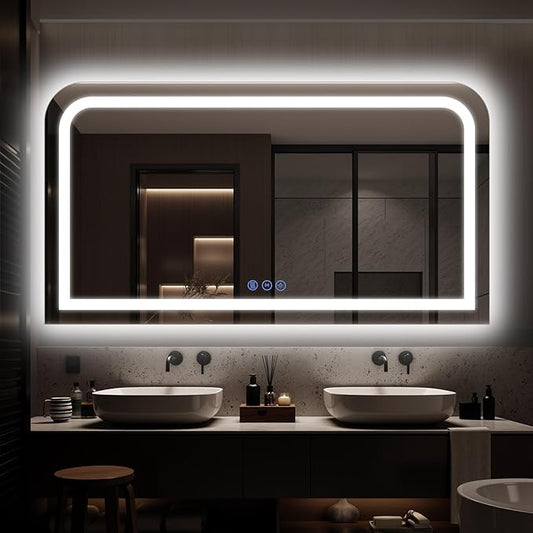 LED Bathroom Mirror, 60"x 36" LED Mirror with Lights for Bathroom, Lighted Vanity Mirrors for Wall, Anti-Fog, Dimmable, Tempered Glass, Memory Function, 3 Colors, Safe Use (White)