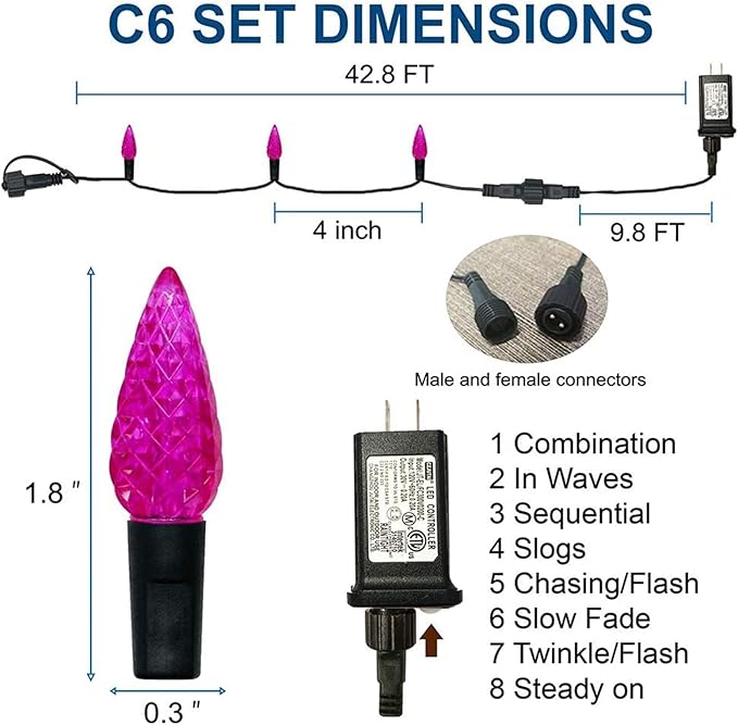 Twinkle Star C6 Halloween String Lights, 100 LED 33ft Fairy Lights with 29V Safe Adapter, Indoor Outdoor Black Wire Lights 8 Lighting Modes for Patio Xmas Tree Party Decor, Purple