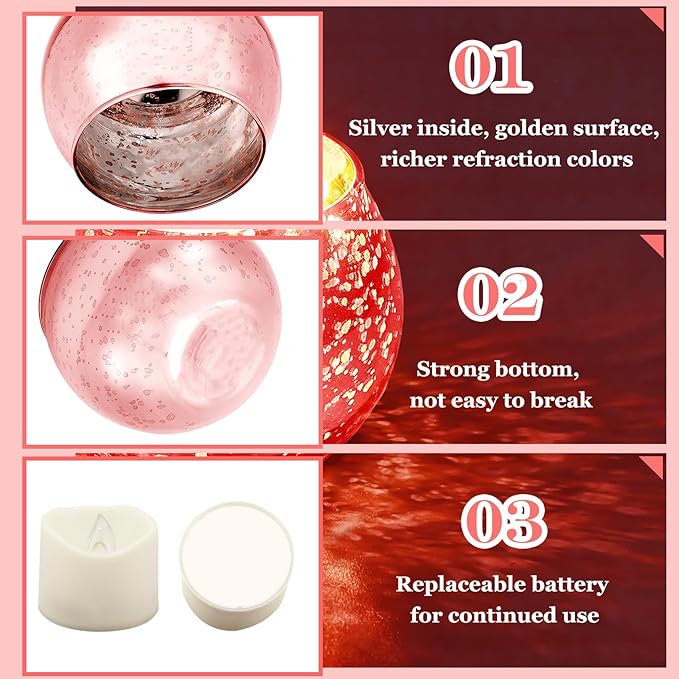 Rtteri 12 Set Votive Candle Holders Wedding Centerpiece Table Decorations Speckled Mercury Glass Votive Candle Holders with Tea Lights Birthday Party Decorations for Home (Pink)