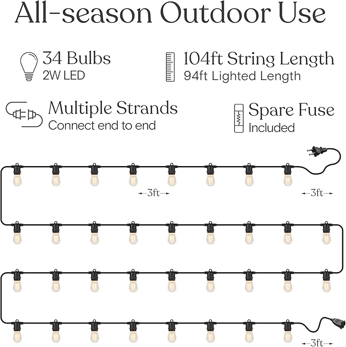 Brightech Ambience Pro 105Ft LED String Lights - 1W Commercial Grade Patio Lighting Outdoor Waterproof - Heavy Duty Dimmable Vintage Edison Porch Lights for Outside, Backyard - 34 Bulbs, Soft White