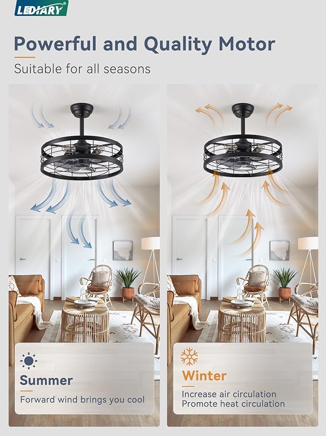 LEDIARY 20 inch Fandelier Caged Ceiling Fan with Light, Bladeless Ceiling Fan with Remote, Farmhouse Fan Lights Ceiling Fixtures for Kitchen, Bedroom, Outdoor(6 Speed, Timing)-Black