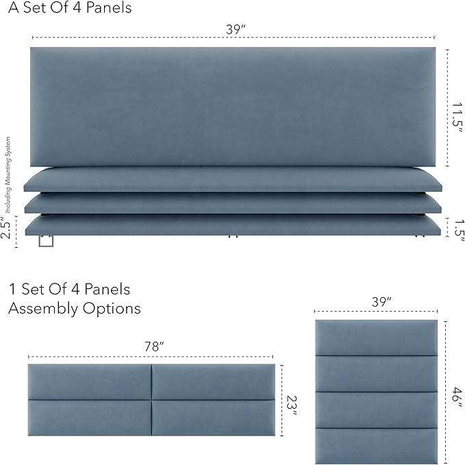 Vänt Upholstered Wall Panels - King/Cal King Size Wall Mounted Headboards - Micro Suede Blue - Twin/King - Set of 4 Panels (Each Individual Panel 39"x11.5")