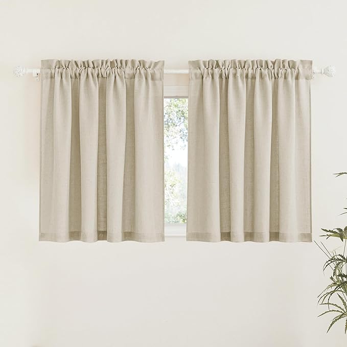 RYB HOME Semi Sheer Curtains - Linen Textured Fabric Privacy Sheer Light Filtering Window Decor for Bedroom Kitchen Bath Kids Nursery, Beige, Wide 52 x Long 45 inch, Set of 2