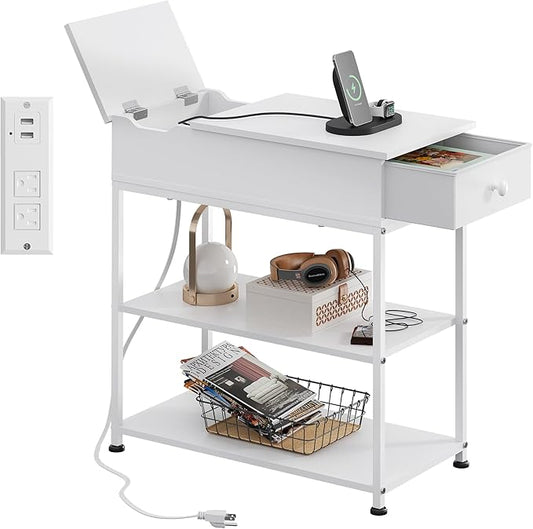 WLIVE Narrow Side Table with Charging Station, Couch Side Table for Living Room, Narrow End Table for Bedroom with Fabric Drawer, USB Ports and Power Outlets, Samll Nightstand Bedside Tables, White