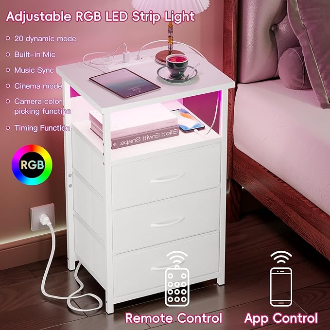 Fixwal White Nightstand with Charging Station, LED Night Stand with 3 Fabric Drawers and Open Shelf, Bedside End Table in Living Room
