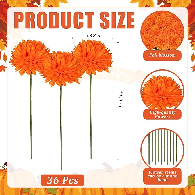 36 Pcs Artificial Chrysanthemums Flowers,Marigold Flower Fall Fake Flowers Orange Silk Mums Bouquet Decor Faux Ball Flowers for Autumn Day of Home Decor Indoor Wedding Table Centerpiece (Orange)