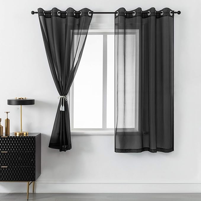 DUALIFE 72 Inches Length Black Sheer Curtains for Bedroom Set of 2 Panels Grommet Faux Linen Semi Voile Window Drapes Elegant Office Curtains for Men Living Room 52x72 Inches Long
