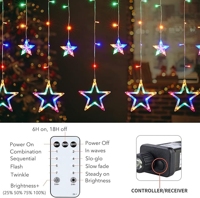 Star Curtain Lights for Bedroom - Plug-in 9ft 138 LED Fairy Twinkle Lights with 12 Star Drops, Connectable Window Lights with Remote 8 Lighting Modes for Indoor Xmas Ramadan Decoration, Multicolored