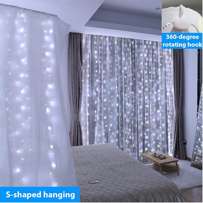 ZSJWL 300 LED White Curtain Lights, 9.8x9.8Ft DIY Windows Fairy String Lights with Remote 8 Modes Timer for Bedroom, USB Plug in Fairy Curtain Lights for Indoor Outdoor Weddings Party Garden Wall
