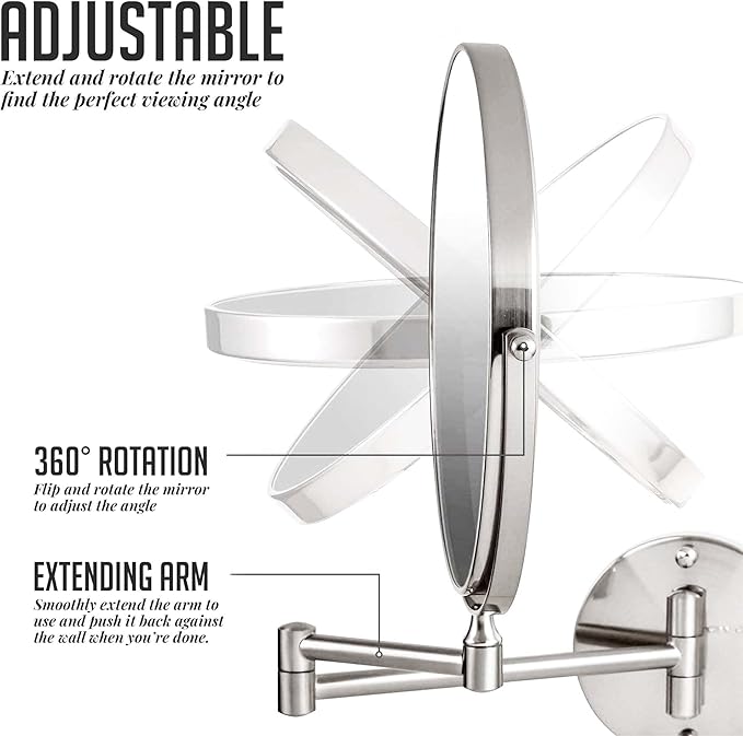 OVENTE 9" Wall Mounted Makeup Mirror with 1X/10X Magnification, Double Sided Magnifying Round Bathroom Vanity Mirror, 360° Swivel Design, Extendable and Folding Arm, Polished Chrome MNLFW90CH1X10X