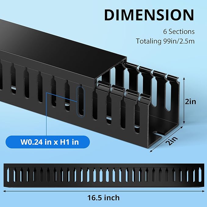 ZhiYo 2 x 2in Professional Server Rack Cable Management Raceway, 99in (6X L16.5in) Cable Raceway Kit, Electrically Safe PVC Open Slot Wire Raceway for Under Desk/Computer/Network Cords, Black