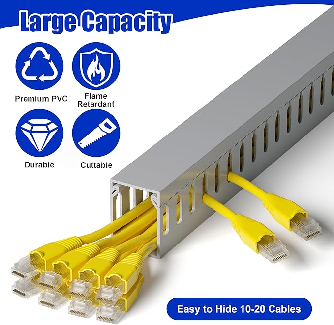 ZhiYo H1.6in W1.2in Professional Server Rack Cable Management Raceway, 99in (6X L16.5in) Cable Raceway Kit, Electrically Safe PVC Open Slot Wire Raceway for Under Desk/Computer/Network Cords, Grey