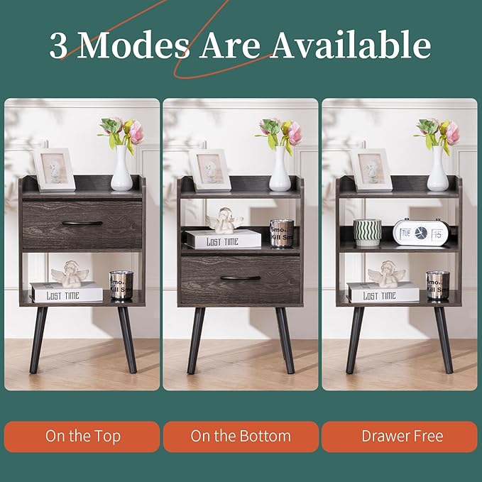 Yoobure Night Stand with Fabric Drawer, Modern Nightstand, Bedside Tables, Mid Century Nightstands with Open Storage Shelf, Wood Bedside Table, Small Night Stands for Bedrooms, 2-Tier Night Table