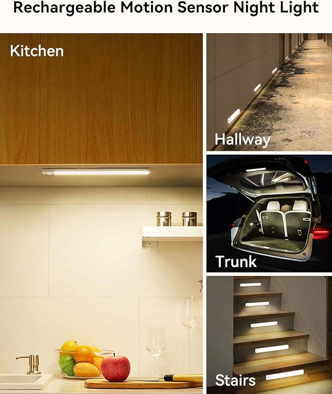 Under Cabinet Lighting 8 Inches Rechargeable Motion Sensor Light Indoor, 3 Color Dimmable Closet Light Battery Operated, USB Stick on LED Magnetic Under Counter Lights for Kitchen Stair, 6 Packs
