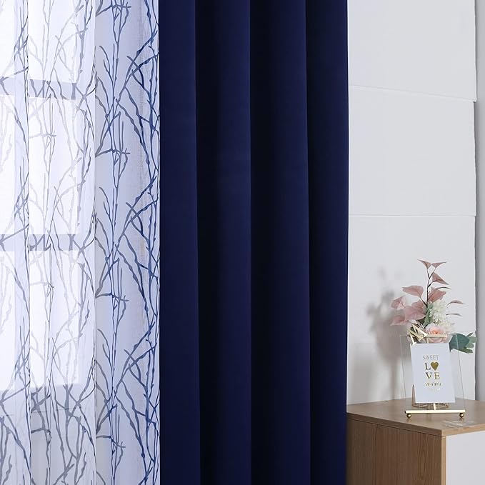 BONZER Mix and Match Curtains - 2 Pieces Branch Print Sheer Curtains and 2 Pieces Blackout Curtains for Bedroom Living Room Grommet Window Drapes, 54x63 Inch/Panel, Indigo, Set of 4 Panels
