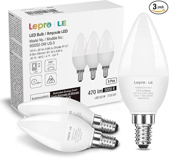 Lepro E12 LED Candelabra Light Bulbs, 5000 Kelvin Daylight White 5.5 watt, 40 watt Equivalent B11 C37 Ceiling Fan Bulb Chandelier Bulbs, Type B Small Base Candle Lights, Plastic, Not-dimmable, 3-Pack