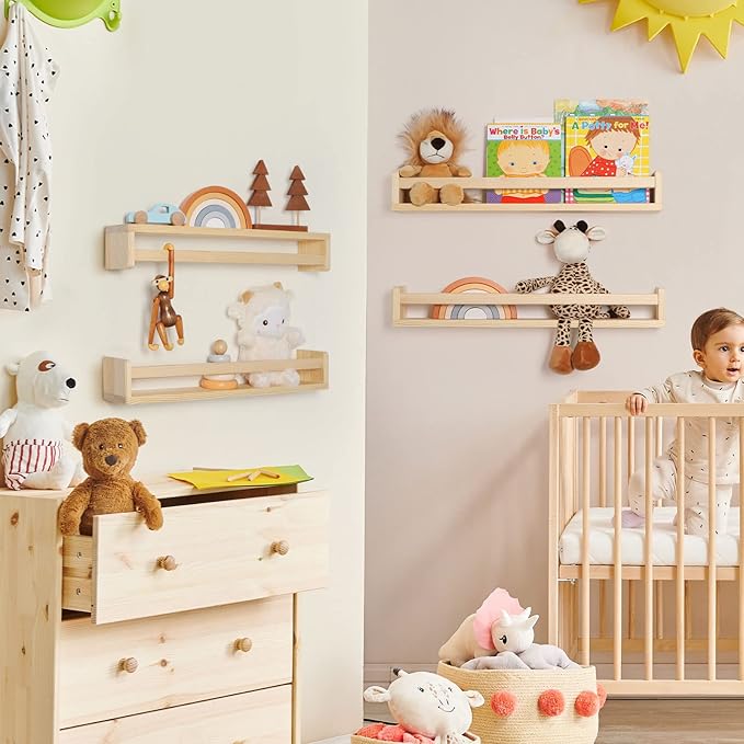 Fun Memories Nursery Book Shelves - Rustic Natural Solid Wood Floating Bookshelf for Kids - Wall Book Shelves for Kids Room (Natural, 32inch - 4P)