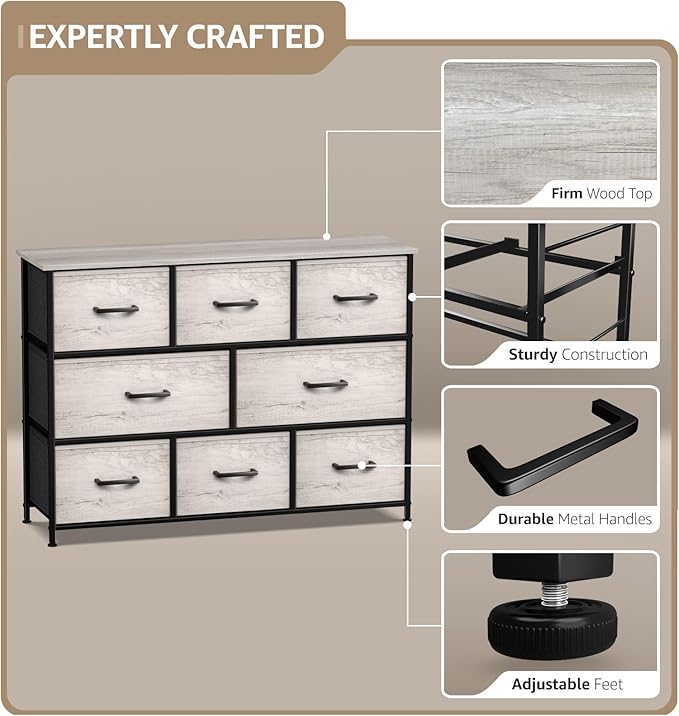 Sorbus Dresser with 8 Faux Wood Drawers - Chest Organizer Unit with Steel Frame Wood Top & Handle Easy Pull Fabric Bins for Clothes - Wide Storage Furniture for Bedroom Hallway, Living Room & Closet