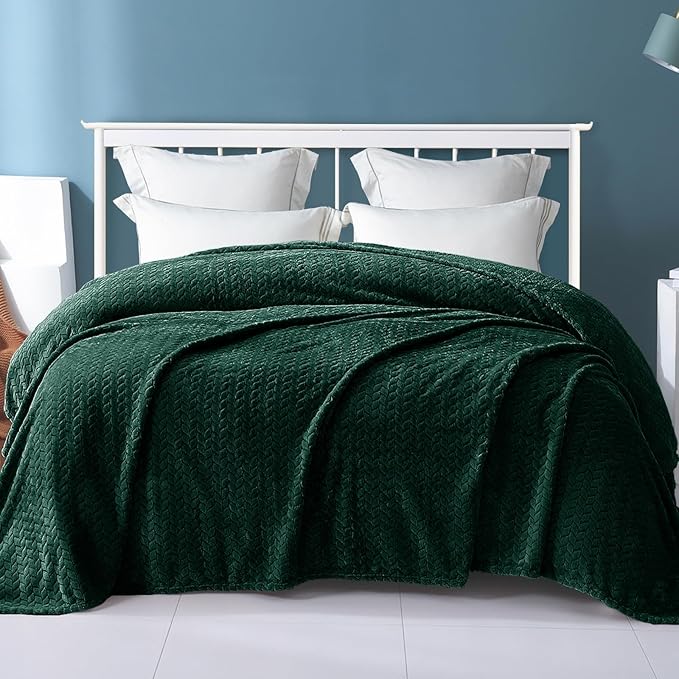 Exclusivo Mezcla Fleece Queen Size Blanket for Bed, 90x90 Inches Soft Cozy Jacquard Flannel Blankets, Lightweight Fuzzy Plush Warm for Winter, Forest Green