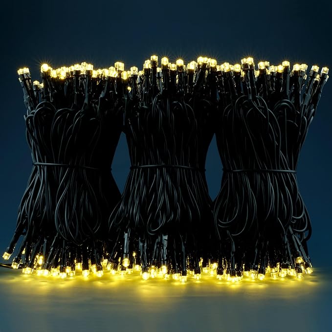 YULETIME 100 ft 300 Count Warm White LED String Lights with 8 Models Adapter, Black Wire Wide Angle 5mm Christmas Lights (Warm White - Black Wire)