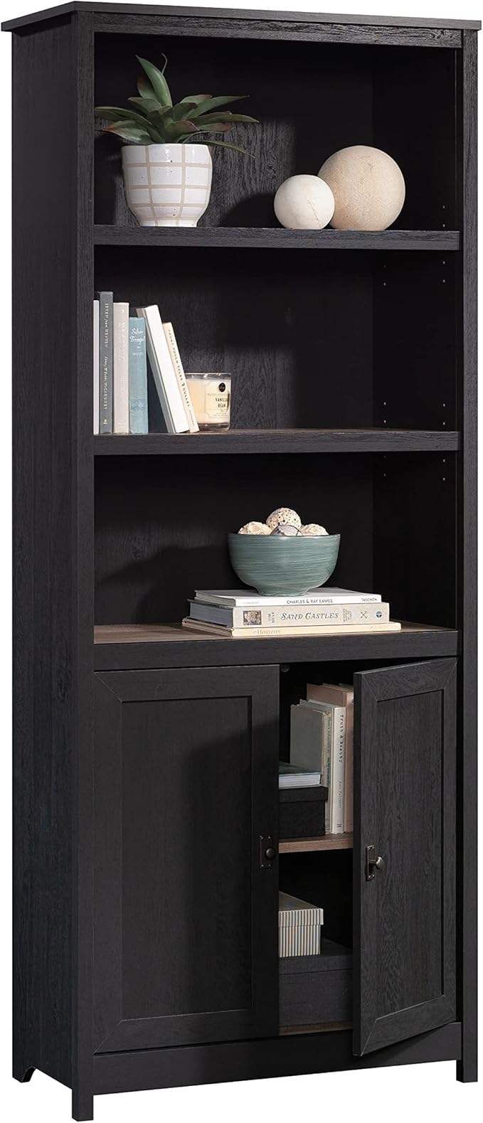 Sauder Cottage Road Book Shelf, Bookshelf with Storage, Library Bookcase with Doors and Adjustable Shelves, in Raven Oak Finish