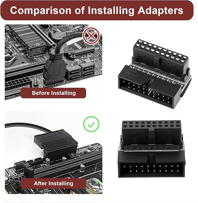 2 Pack USB 3.0 90 Degree Adapter Right Angle 19 Pin/20 Pin Female to MaleMotherboard Down19-pin Connector Extension Power Adapter L Turn Right Angle Socket (Down/Black-20Pin)