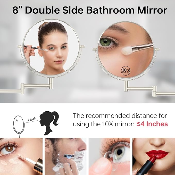 Wall Mounted Makeup Mirror, 1x/10x Double-Side Magnifying Mirror 8 Inch Vanity Mirror, 360° Extendable Arm Wall Mirror, Bathroom Mirror for Makeup or Shaving Nickel