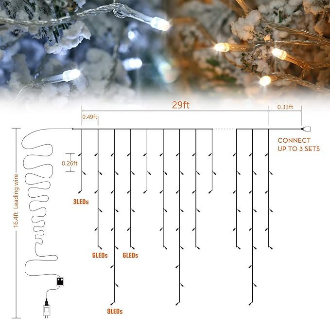 Toodour Christmas Icicle Lights Outdoor, 2 in 1 White & Warm White Color Changing Icicle Lights with 60 Drops, 29.5ft 360 LED Christmas Light Fairy Twinkle Light for Wedding Home Outdoor Xmas Decor