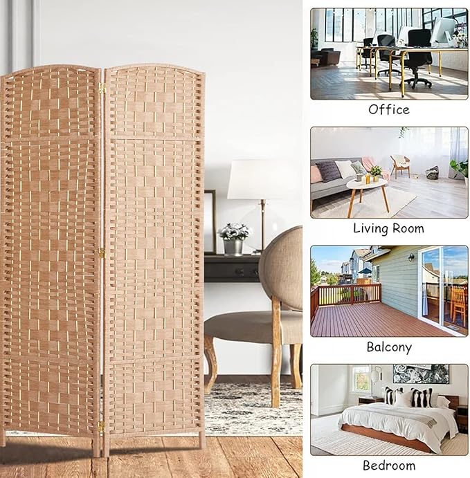 Rose Home Fashion Room Divider, 6 ft Tall Room Dividers and Folding Privacy Screens, 16in Privacy Screen 6 Panel Natural Space Temporary Wall Foldable Partition Separation