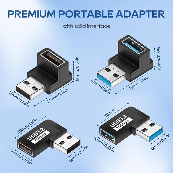 UCEC USB 90 Degree Adapter, 90 Degree USB Adapter 3.2, Vertical Up and Down Angle Horizontal Left and Right Angle USBA Male to Female Extender Connector 10Gbps for PC, Laptop, Power Bank - 4 Pack