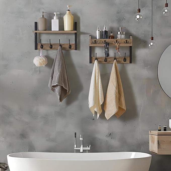 YMYNY 31.5" Coat Rack Wall Mount with Shelf, 4 in 1 Key and Coat Hanger with 12 Metal Hooks, Wall Shelf with Hooks & Mail Holder for Living Room, Bedroom, Silver Gray, HWS007Y-2