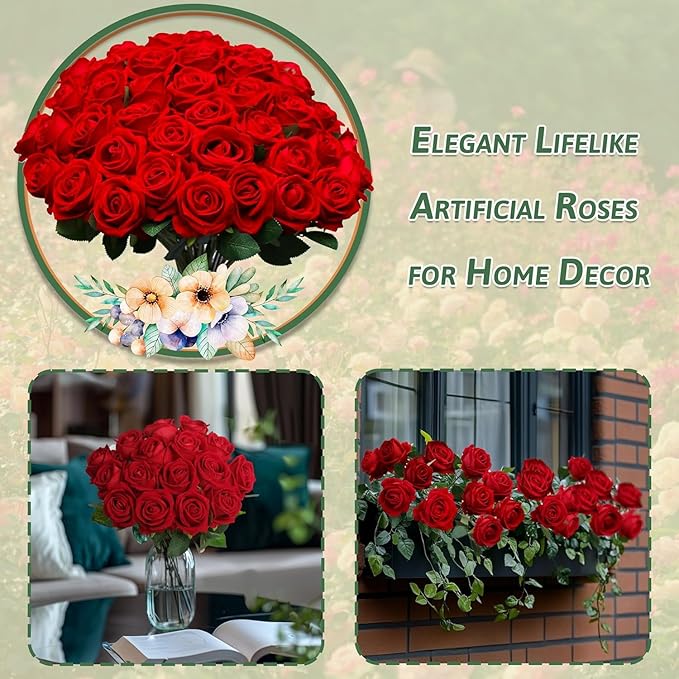 100 PCS Fake Red Roses, Artificial Red Flowers Bulk Realistic Silk Faux Rose with Stems for Wedding Decoration Anniversary Bridal Bouquet DIY Floral Arrangement Romantic Home Decor Gifts