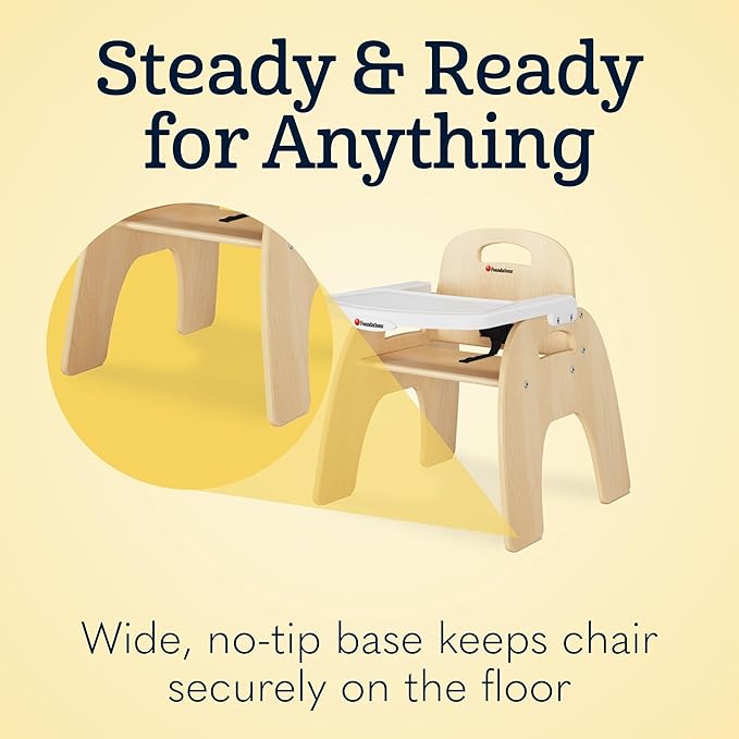 Foundations Easy Serve Low Wood Feeding Chairs Multipack, Adjustable Harness, Removable Dishwasher Safe Tray, No-Tip Base, Stackable Toddler Chairs, 2 Pack (7 inch)
