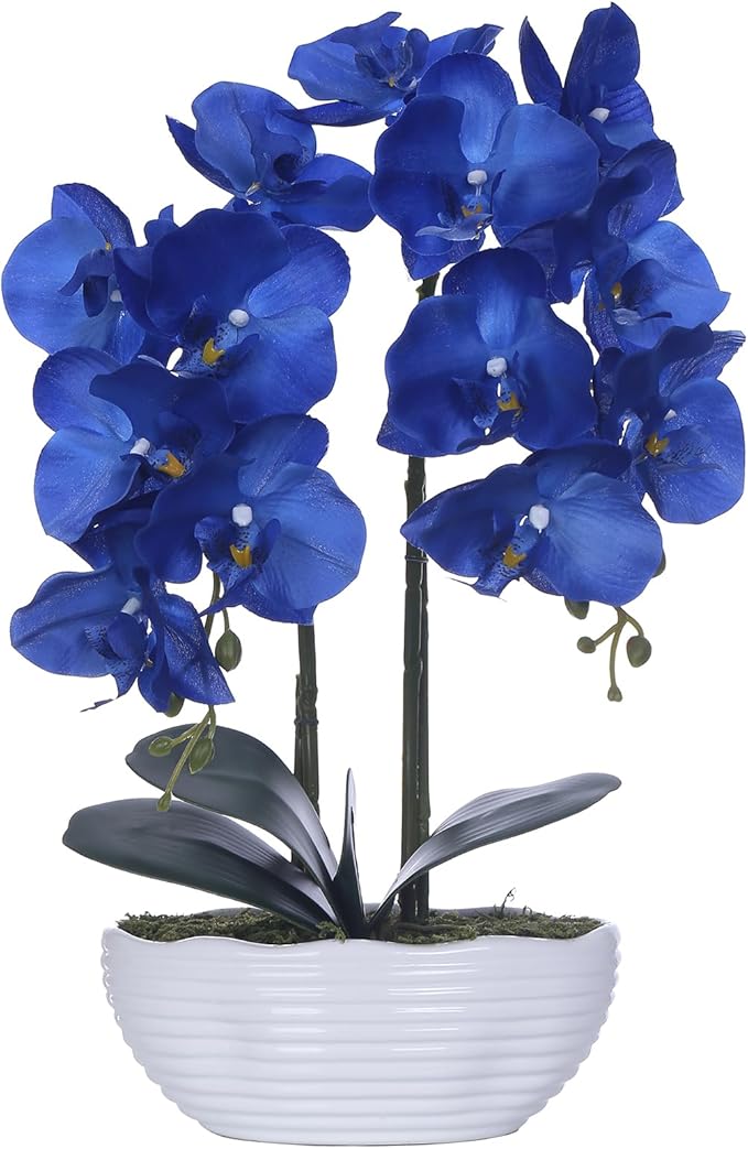 Large Artificial Potted Orchid Plant, Silk Flower Arrangement with Ceramics Vase, Navy Blue