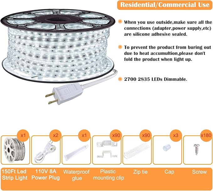 SURNIE 150ft LED Rope Lights Outdoor Waterproof: 110V Daylight White Dimmable Flat Strip Light 6500K Cuttable Connectable for Stairs Deck Backyards Commercial Indoor Outdoor Lighting, Not Tube Rope
