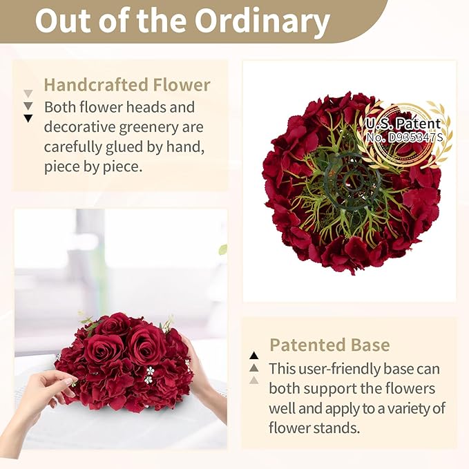 NUPTIO Flower Balls for Centerpieces Wedding: 10 Pcs 11.8 inch Diameter Artificial Flower Ball Arrangement Bouquet Centerpiece for Tables - Burgundy Fake Rose Flowers for Wedding Decor
