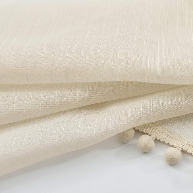 Treatmentex Sheer Linen-Look Curtains 95in Bedroom Decorative Pompom Trimmed Voile for Living Room Slub Textured Natural Window Curtain Panels 2pcs