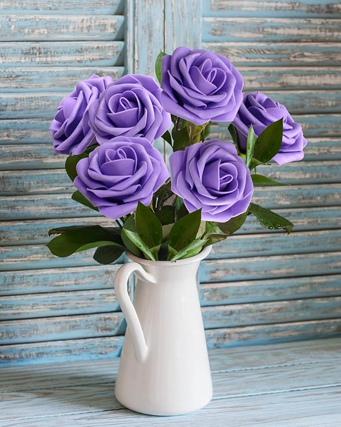 JOYLEX Purple Artificial Flowers Realistic Roses, 100pcs Real Looking Fake Roses with Stem for DIY Wedding Bouquets Centerpieces Bridal Shower Party Home Romantic Decorations (Purple)
