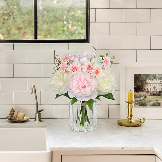 DILATATA Artificial Flowers in Vase Pink Silk Peony & Daisy Faux Floral Arrangements for Table Centerpieces, Home Office Kitchen Bathroom Decor, Spring Fake Flower Arrangement