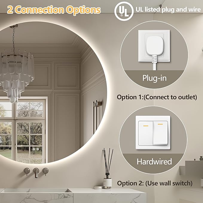 Niccy Round Led Mirror for Bathroom, 44" Circle Frameless Backlit Mirror wiht Light, Anti-Fog, 3 Colors, Waterproof, Memory Function