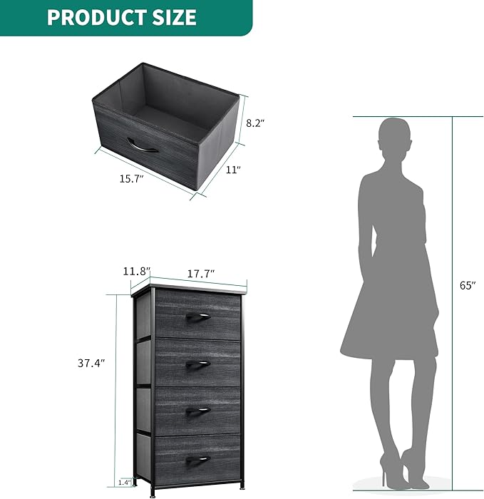 YITAHOME Dresser with 4 Drawers - Fabric Storage Tower, Organizer Unit for Hallway, Closets - Sturdy Steel Frame, Wooden Top & Easy Pull Fabric Bins, Black Wood Grain