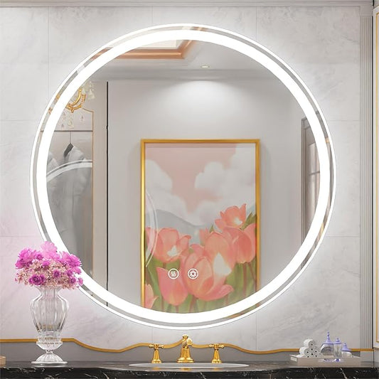 40 Inch Large Round Lighted Bathroom Mirror, Circle Vanity Mirror with Lights, Wall Mounted, Dimmable, Memory, Anti-Fog, 6000K