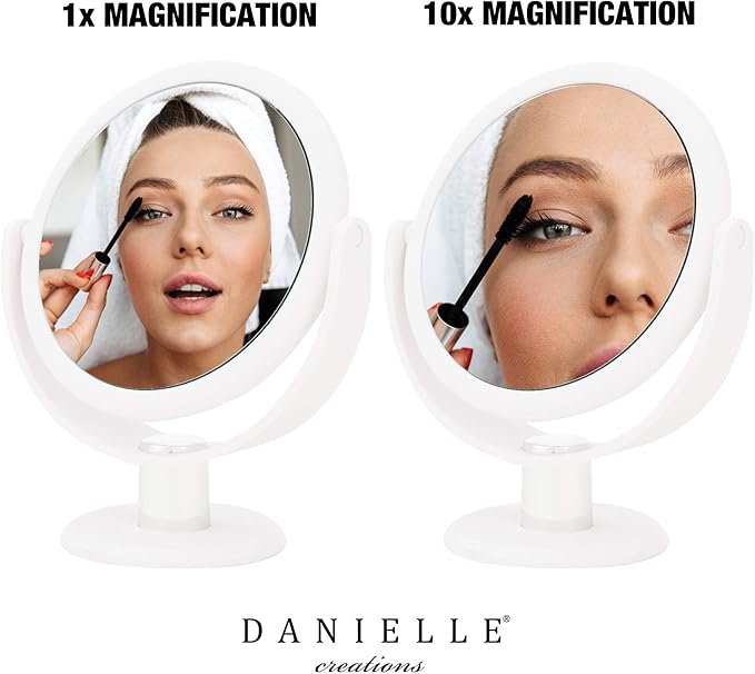 Danielle Creations 6.75-Inch Portable Two-Sided Vanity Round Vanity Makeup Mirror, No-Slip Soft Touch with 360 Rotation, 10x Magnification, White