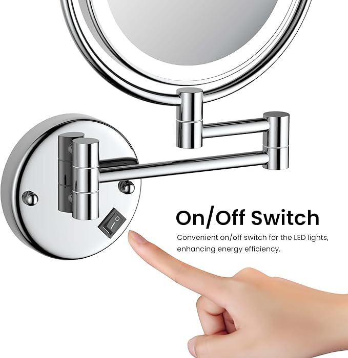 KIBI Circular Wall Mount Makeup Mirror with LED Lights, Dual-Sided 1x/5x Magnifying Mirror with Adjustable Arm, 360° Swivel, Solid Brass Construction for Durability and Style (Chrome, KMM101)