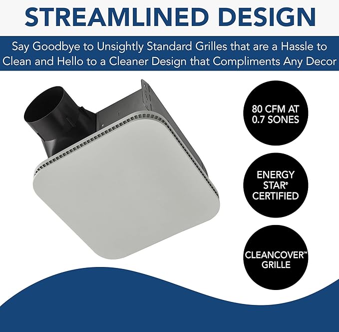 Broan-NuTone Bathroom Exhaust Fan – Easy Retrofit Without Attic Access, Ultra-Quiet 0.7 Sones, 80 CFM, ENERGY STAR Certified, Made in USA, Moisture & Odor Control with Easy-Clean Grille