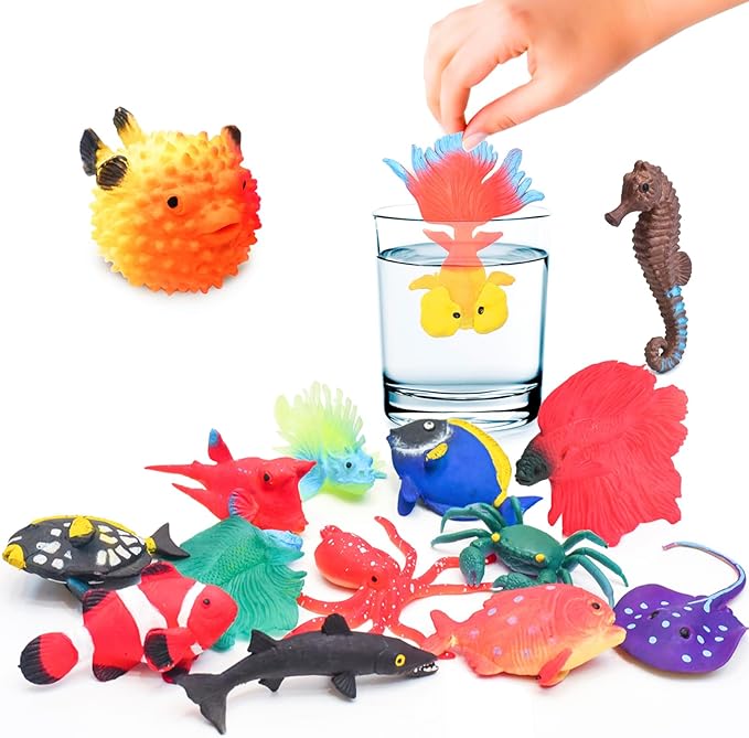 10 Pcs Fish Animal Figure Bath Toys, Sea Animal Color Changing Toys, Sea Creatures for Kids 3 Years and up, for Themed Parties, Cake Topper, Kids Easter Basket
