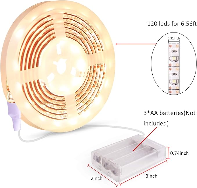Battery Operated Led Strip Lights - Warm White 3000K, Waterproof, Self-Adhesive, Flexible, Cuttable - 13.2FT for TV, Mirror, Kitchen, Cupboard, Bedroom Decor