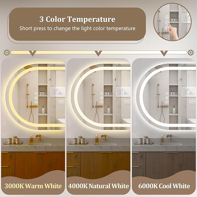 Oval LED Bathroom Mirror 48x30 Inch,Frameless LED Oval Bathroom Mirror with Lights,Anti-Fog Mirror for Bathroom Wall with Light,Dimmable 3 Color Vanity Mirror with Light(Horizontal/Vertical)