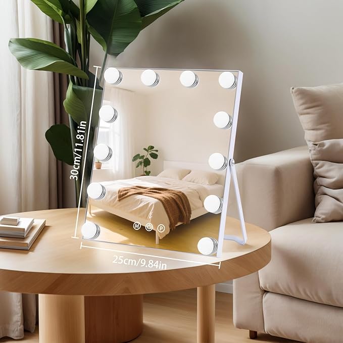 Lighted Makeup Mirror, Hollywood Vanity Mirror with Lights, Makeup Mirror with Lights for Desk, 3 Color Modes and 12 Dimmable Bulbs, Smart Touch Control